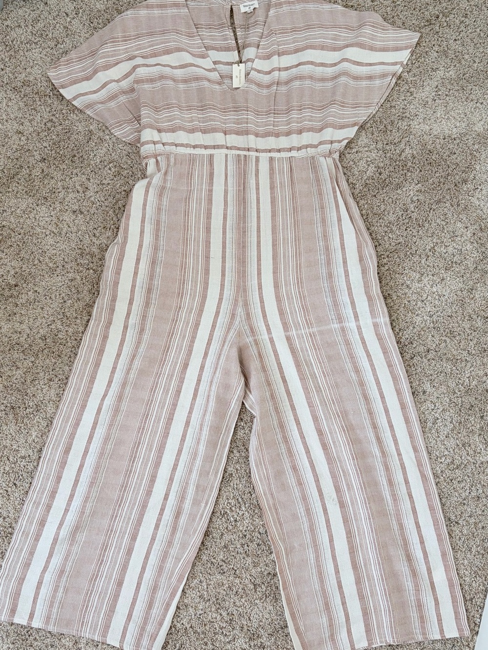 World Market Beige and White Striped Jumpsuit L/XL
